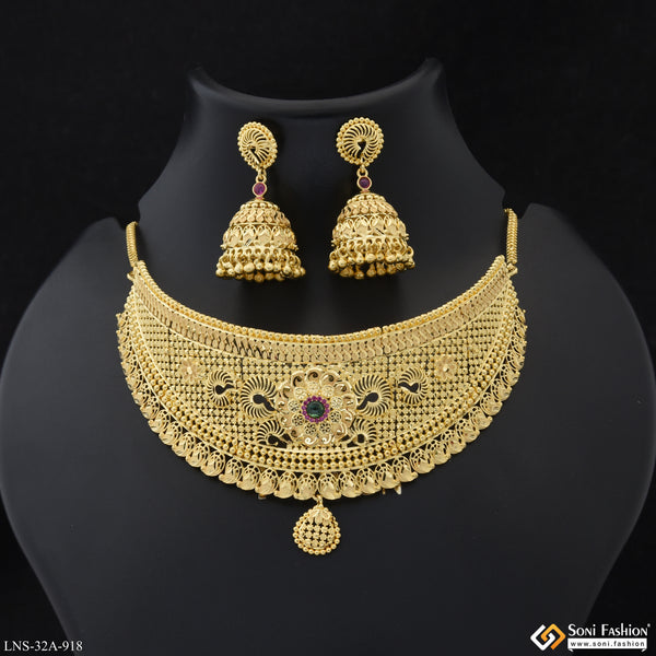 1 Gram Gold Plated Designer Choker Necklace Set for Women - Style A918