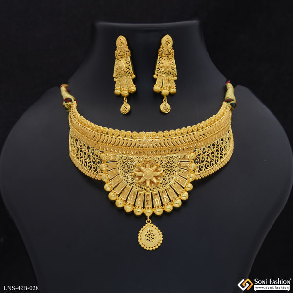 1 Gram Gold Plated Designer Choker Necklace Set for Women - Style B028