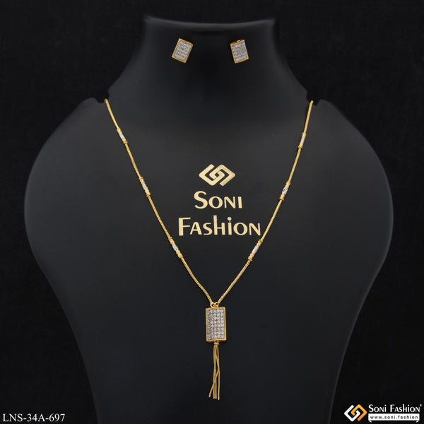 1 Gram Gold Plated Rectangle Pendant Necklace Set For Ladies - Style A697