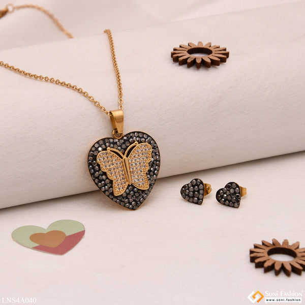 Heart with Butterfly in Diamond Cool Design Golden Color Necklace Set - Style LNSA040