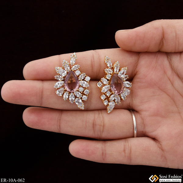 Light Pink Stone with Diamond Designer Gold Plated Earrings for Lady - Style A062