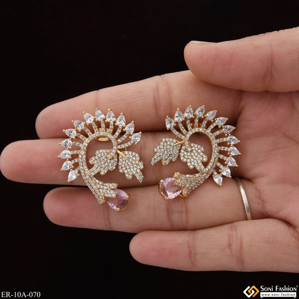 Light Pink Stone with Diamond New Style Gold Plated Earrings for Lady - Style A070