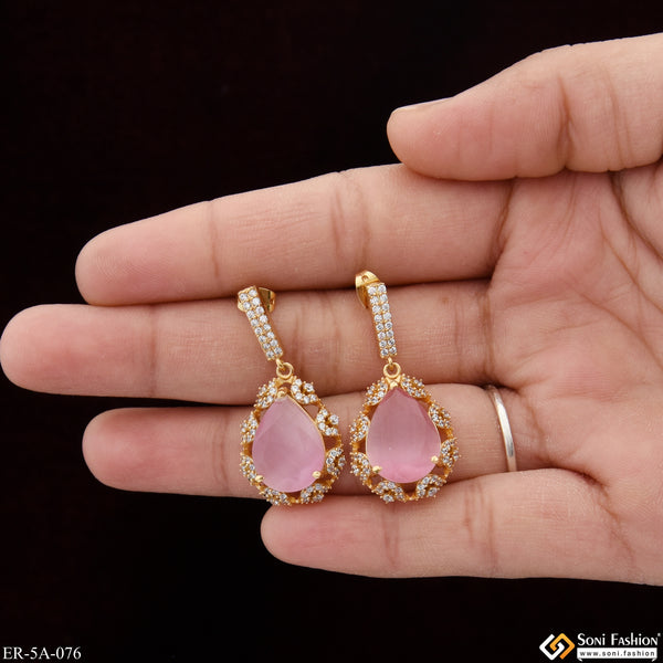 Light Pink Stone with Diamond New Style Gold Plated Earrings for Lady - Style A076