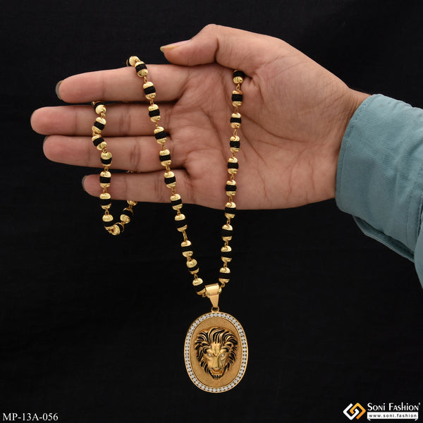 Lion Glittering Design Gold Plated Rudraksha Mala With Pendant For Men - Style A056