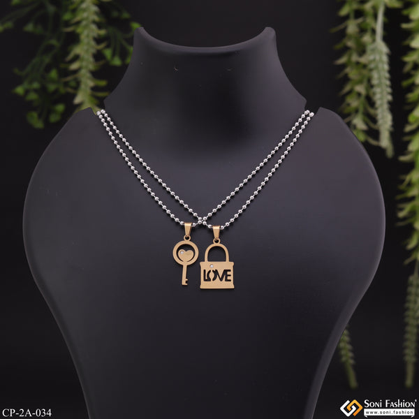 Lock with Heart Key Dual Pendant with Diamond with 2 Chain Valentine Gift Pendant Set - Style A034