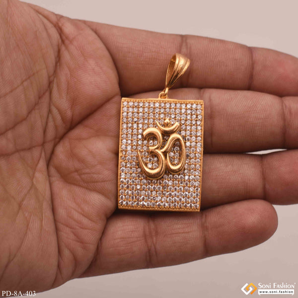 OM in Square Design with Full Diamonds Gold Plated Pendant - Style A403