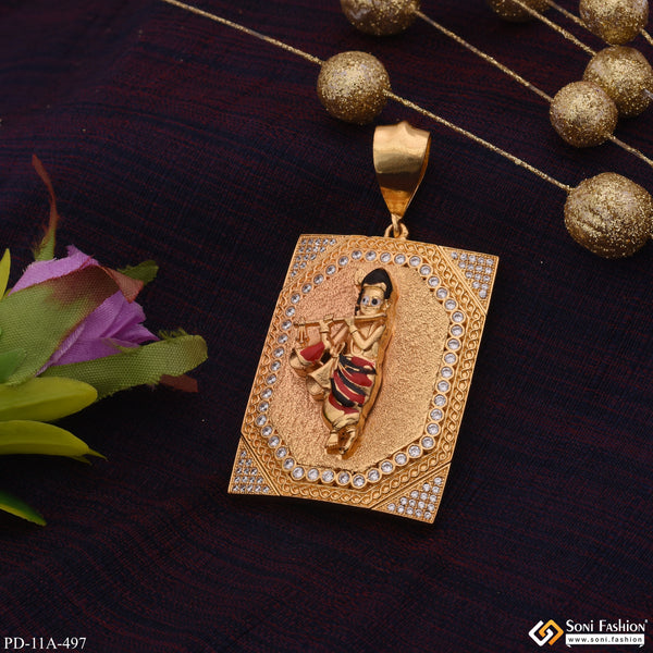 Big Krishna In Diamonds Rectangle Gold Plated Pendant For Men - Style A497