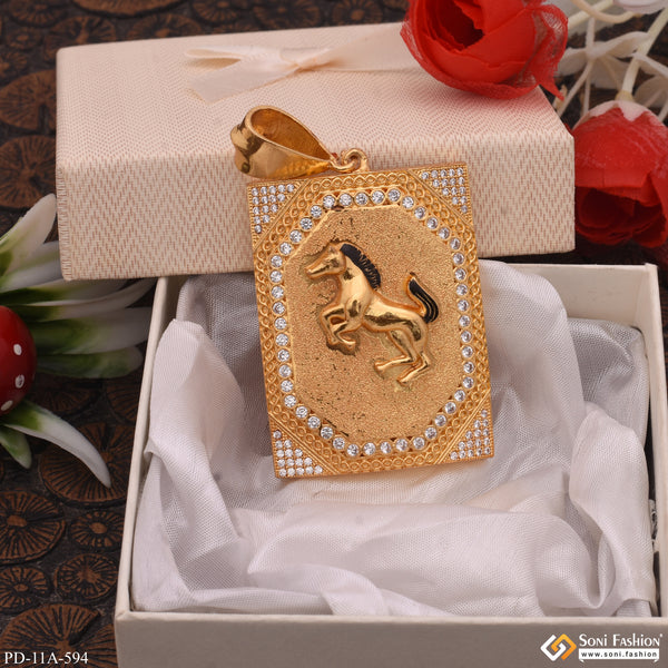 Horse In Diamonds Rectangle Gold Plated Pendant For Men - Style A594