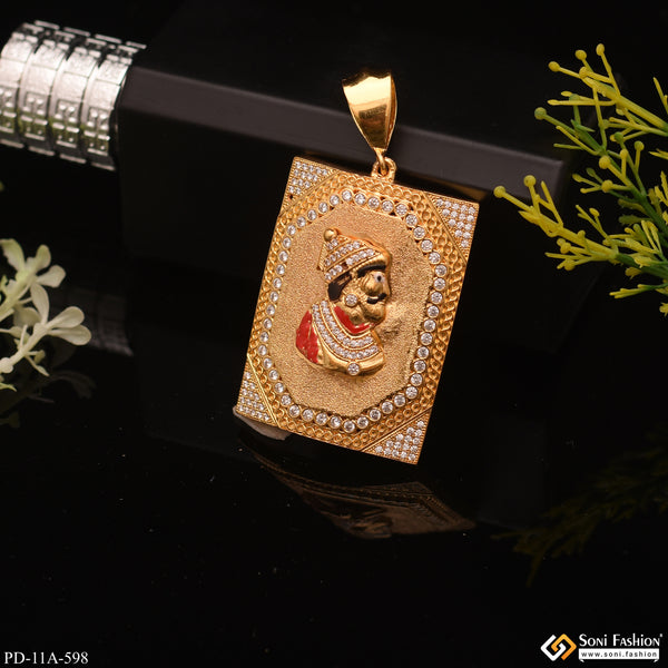 Chatrapati Shivaji Maharaj In Rectangle Diamond Background Gold Plated Pendant - Style A598