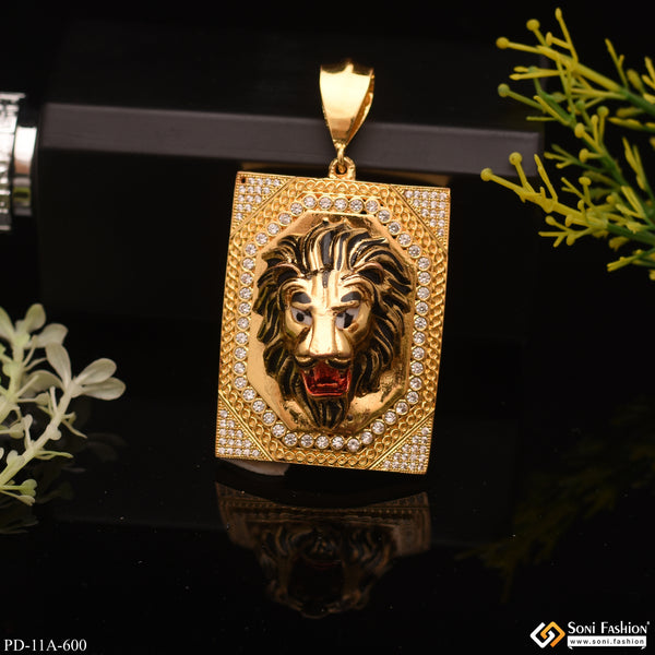 Ambos Lion In Attractive Rectangle Diamond Background Gold Plated Pendant - Style A600