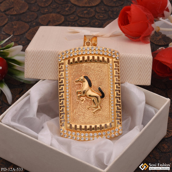 Horse In Attractive Texture Background Diamonds Gold Plated Pendant For Men - Style A533