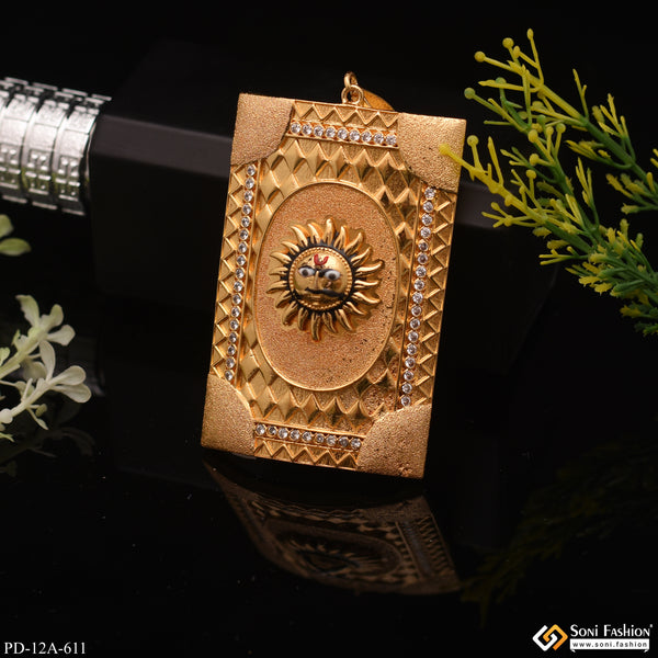 Very Big Emboss Sun in Triangle Pattern with Diamond in Gold Plated Pendant - Style A611