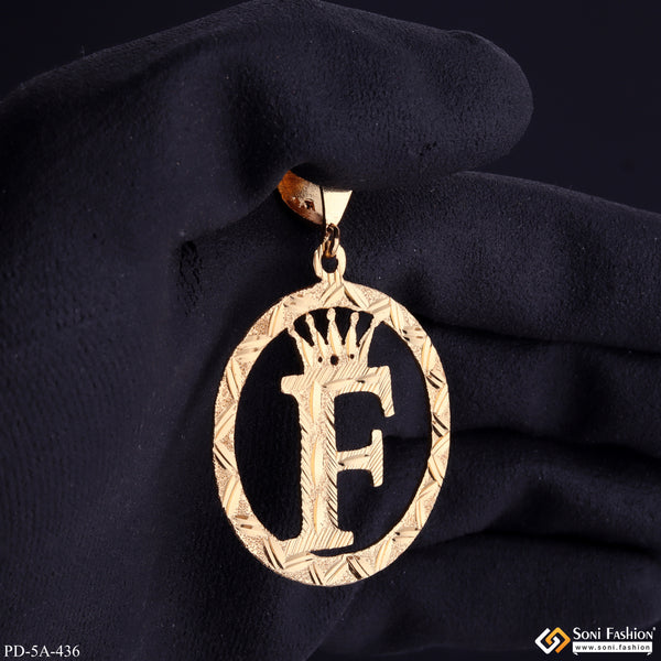 F Letter Alphabet Gold Plated CNC Cut Pendant With King Crown Design - Style A436