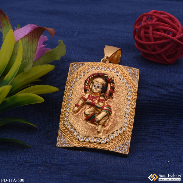 Krishna in Diamonds Rectangle Gold Plated Pendant For Men - Style A500