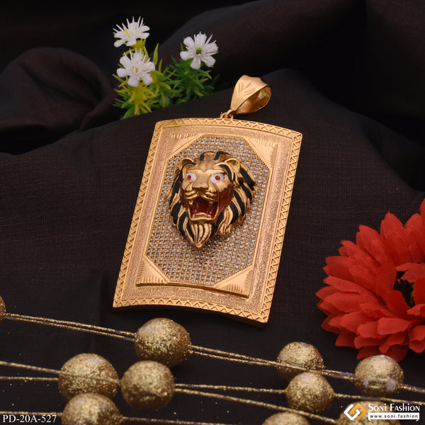 Ambos Big Lion With Red Mouth In Diamonds Rectangle Gold Plated Pendant - Style A527