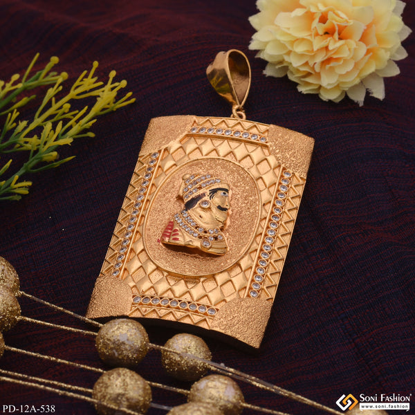 Very Big Chatrapati Shivaji Maharaj In Tringle Pattern Diamond Gold Plated Pendant - Style A538