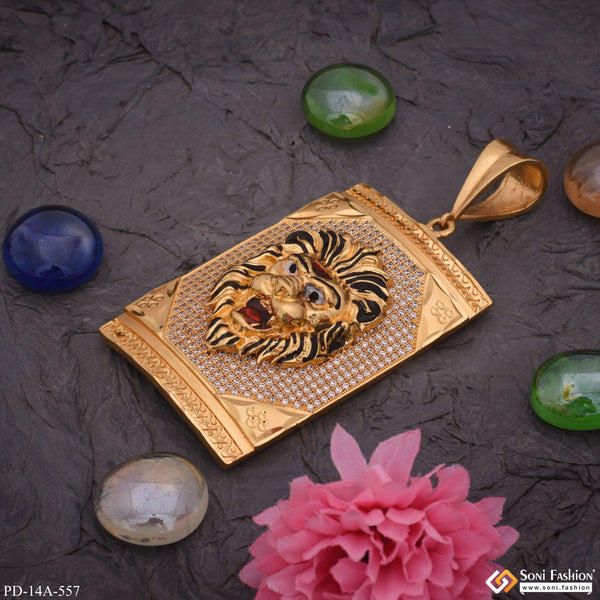 Very Big Ambos Lion In Black Hair In Diamond Gold Plated Attractive Pendant - Style A557