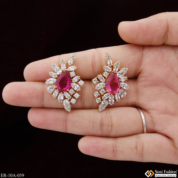 Pink Stone with Diamond Best Quality Gold Plated Earrings for Lady - Style A059