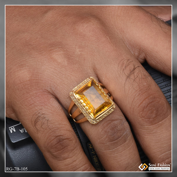 Yellow Stone with Diamond Artisanal Design Gold Plated Ring for Men - Style B105