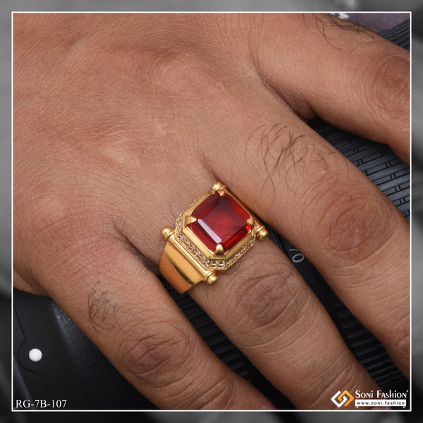 Red Stone With Diamond Best Quality Durable Design Gold Plated Ring - Style B107