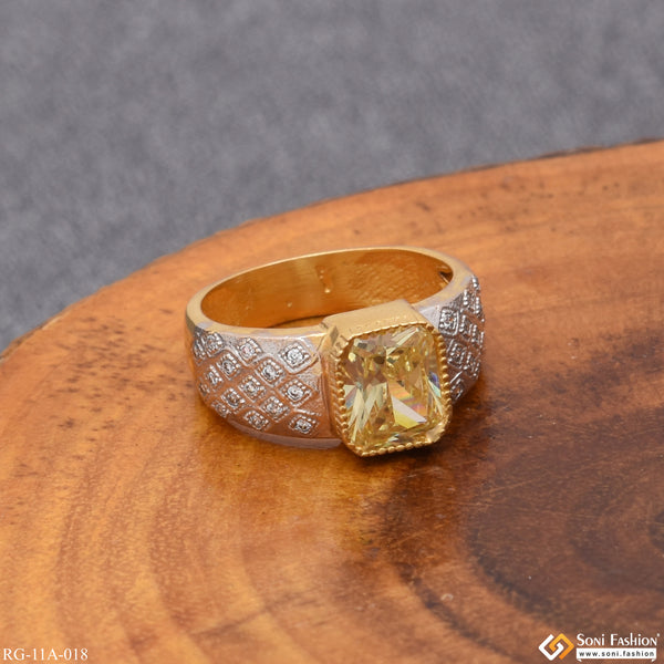 1 Gram Gold Forming Yellow Stone with Diamond Gold Plated Ring for Men - Style A018