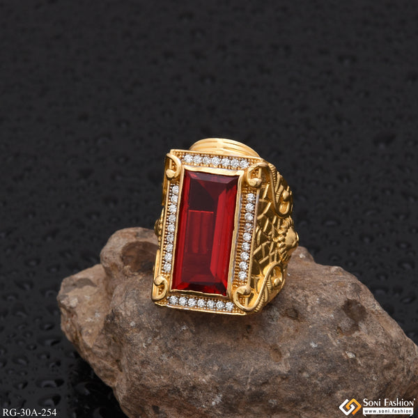 1 Gram Gold Forming Red Stone with Diamond Best Quality Ring for Men - Style A254