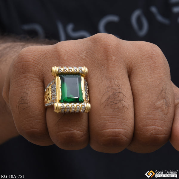 Green Stone with Diamond Sophisticated Design Gold Plated Ring for Men - Style A751