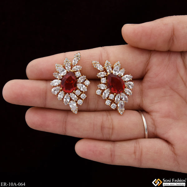 Red Stone with Diamond Best Quality Gold Plated Earrings for Lady - Style A064