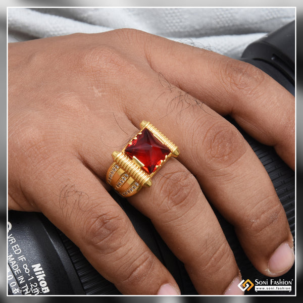 Red Stone with Diamond Glittering Design Gold Plated Ring for Men - Style A831