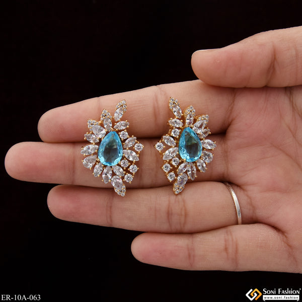 Sea Blue Stone with Diamond Designer Gold Plated Earrings for Lady - Style A063