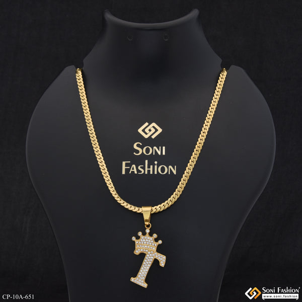 T Letter Golden Color Pendant With Chain for Men - Style A651