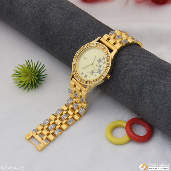 1 Gram Gold Plated with Diamond Glittering Design Watch for Ladies - Style A155