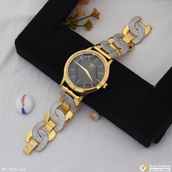 1 Gram Gold Plated with Diamond Hand-Crafted Design Watch for Men - Style A163