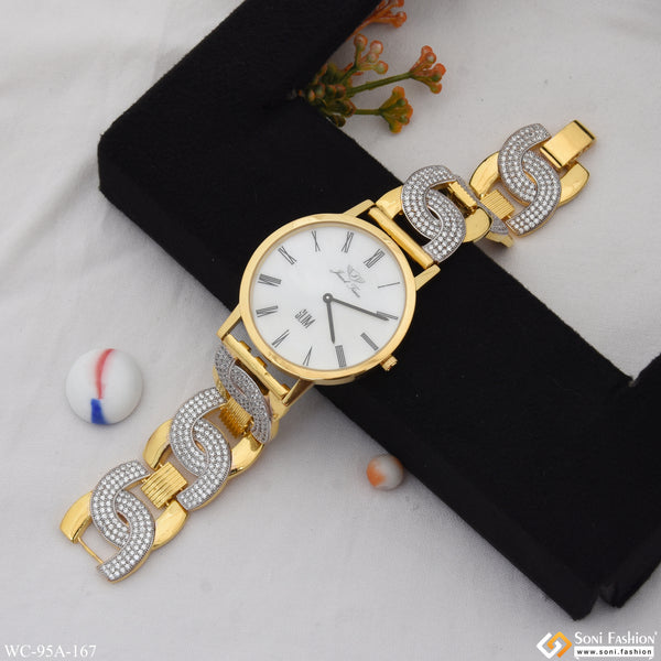 1 Gram Gold Plated with Diamond Sophisticated Design Watch for Men - Style A167