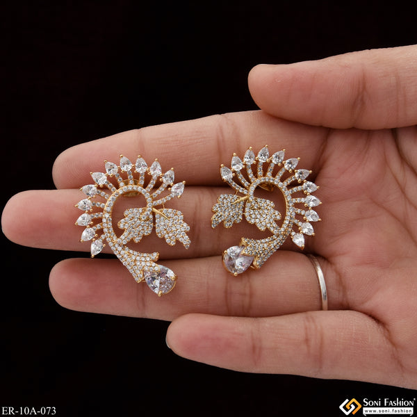 White Stone with Diamond Charming Design Gold Plated Earrings for Lady - Style A073