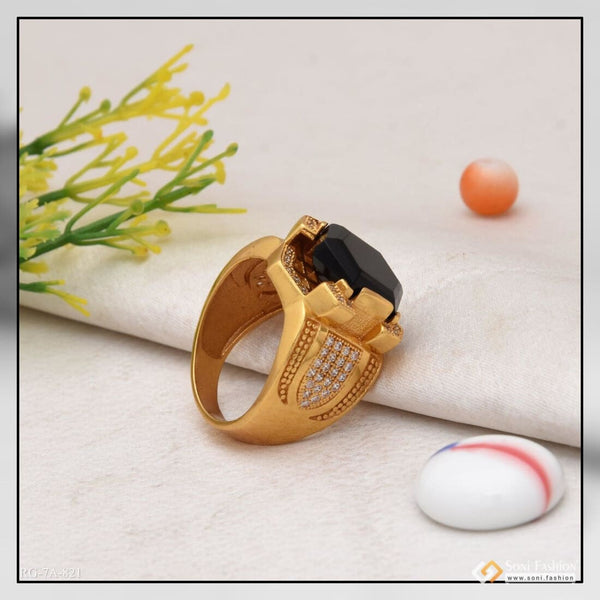 Black Hexagon Stone Finely Detailed Design Gold Plated Ring