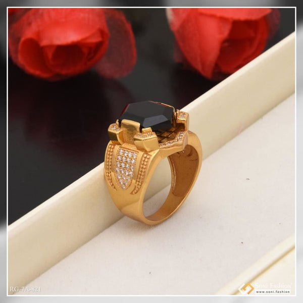 Black Hexagon Stone Finely Detailed Design Gold Plated Ring