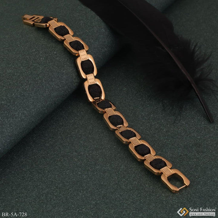 Premium High Durable Gold Plated Bracelet with Black Rudraksha and Feather