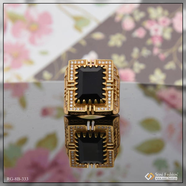 Black Stone With Diamond Artisanal Design Gold Plated Ring