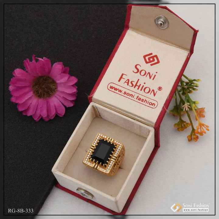 Black Stone With Diamond Artisanal Design Gold Plated Ring