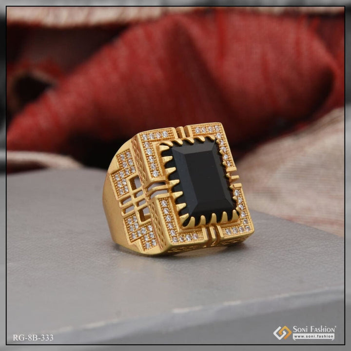 Black Stone With Diamond Artisanal Design Gold Plated Ring