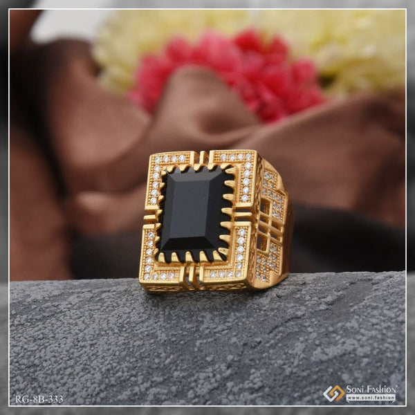 Black Stone With Diamond Artisanal Design Gold Plated Ring