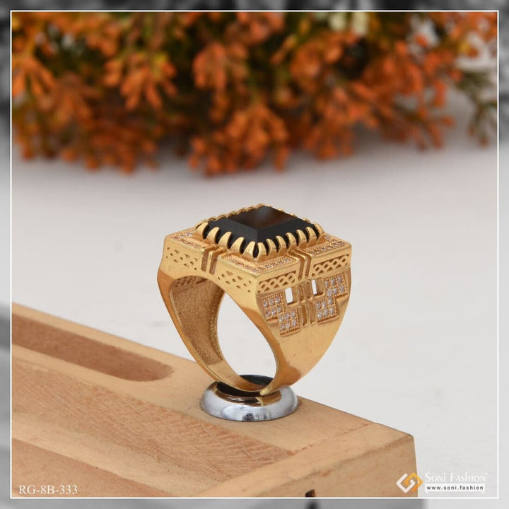 Black Stone With Diamond Artisanal Design Gold Plated Ring