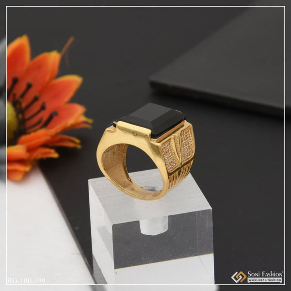 Black Stone With Diamond Artisanal Design Gold Plated Ring