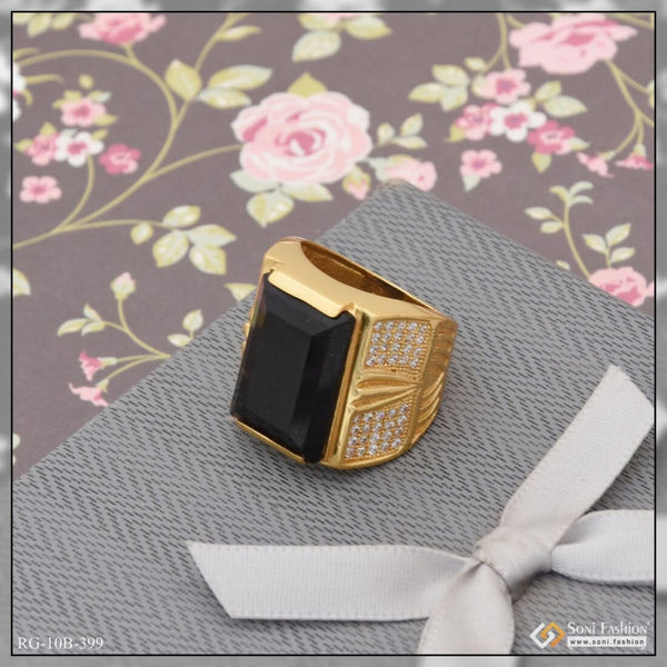 Black Stone With Diamond Artisanal Design Gold Plated Ring