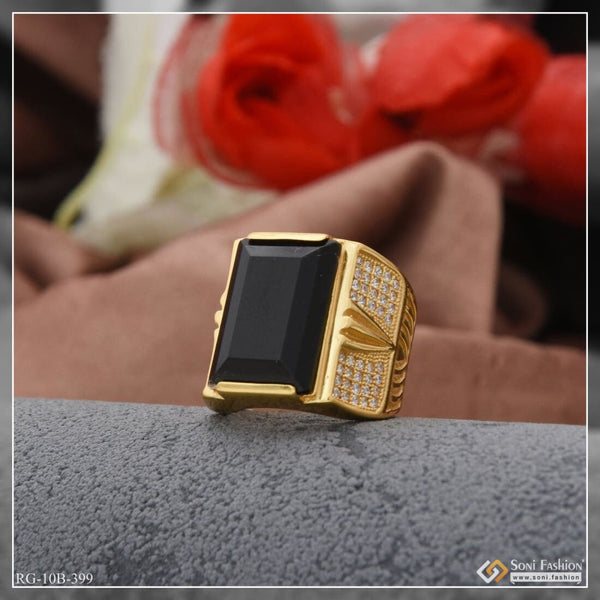 Black Stone With Diamond Artisanal Design Gold Plated Ring