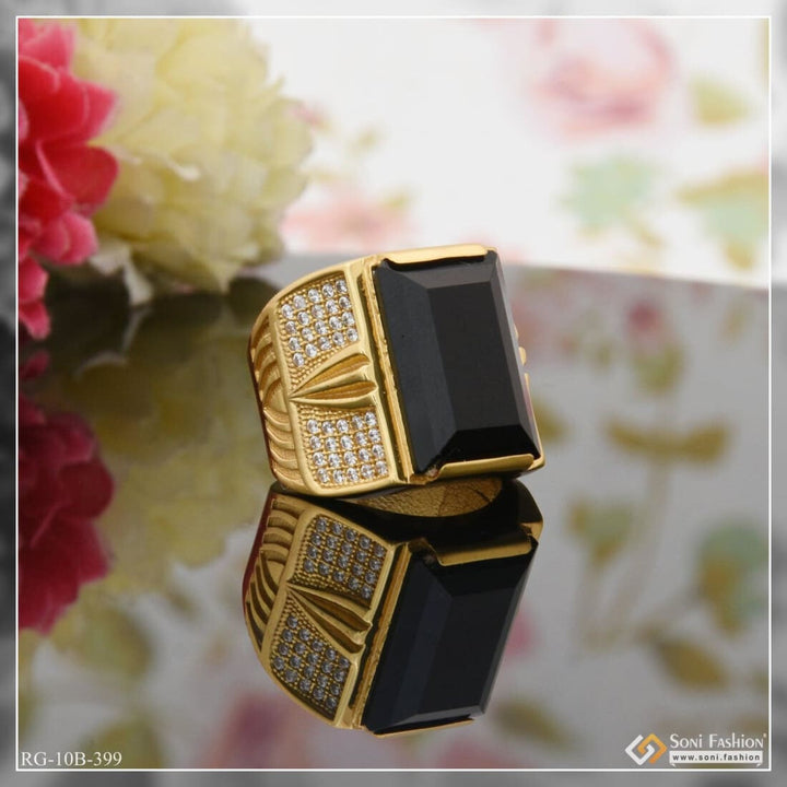 Black Stone With Diamond Artisanal Design Gold Plated Ring