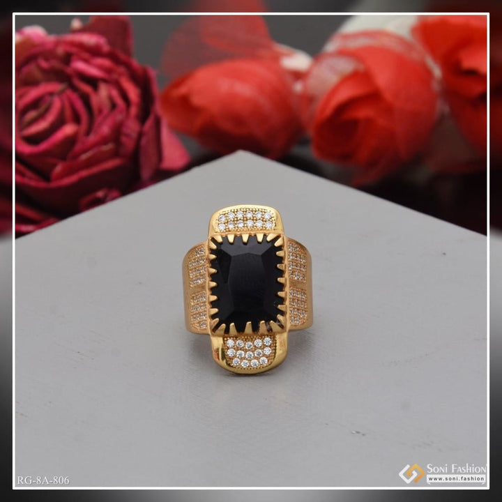 Black Stone With Diamond Delicate Design Gold Plated Ring