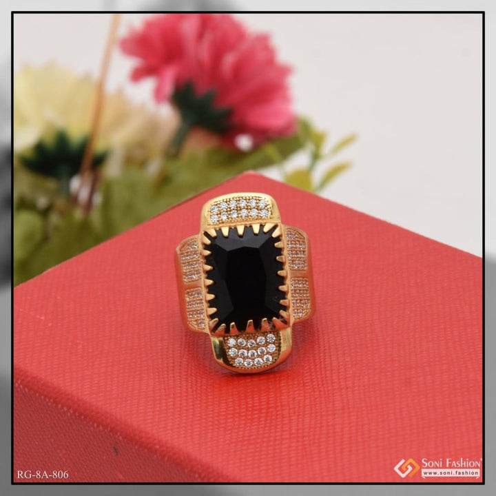 Black Stone With Diamond Delicate Design Gold Plated Ring