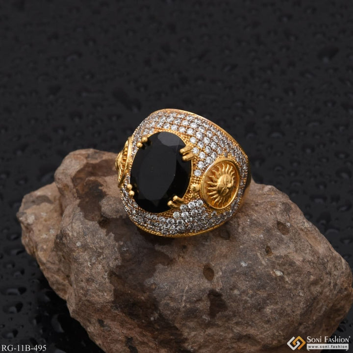 Sun with black stone diamond funky design gold plated ring